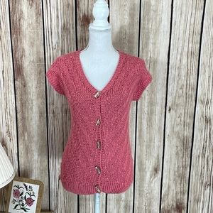 Ann Wi Pink Crochet Short Sleeve Cardigan w/Shell Buttons Size Small